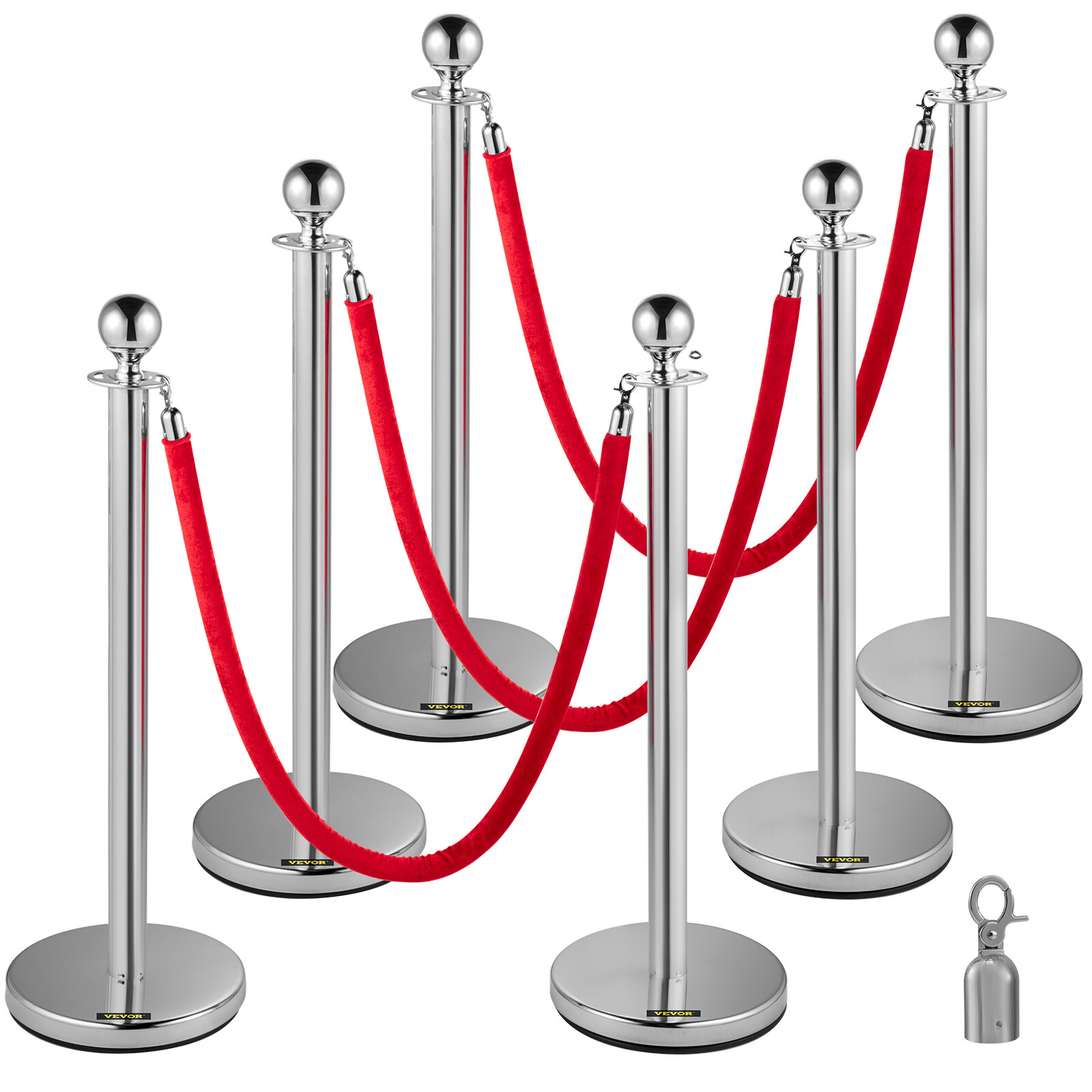6PCS Silver Stanchion Posts Queue Crowd Control Barrier with 3 Velvet Ropes