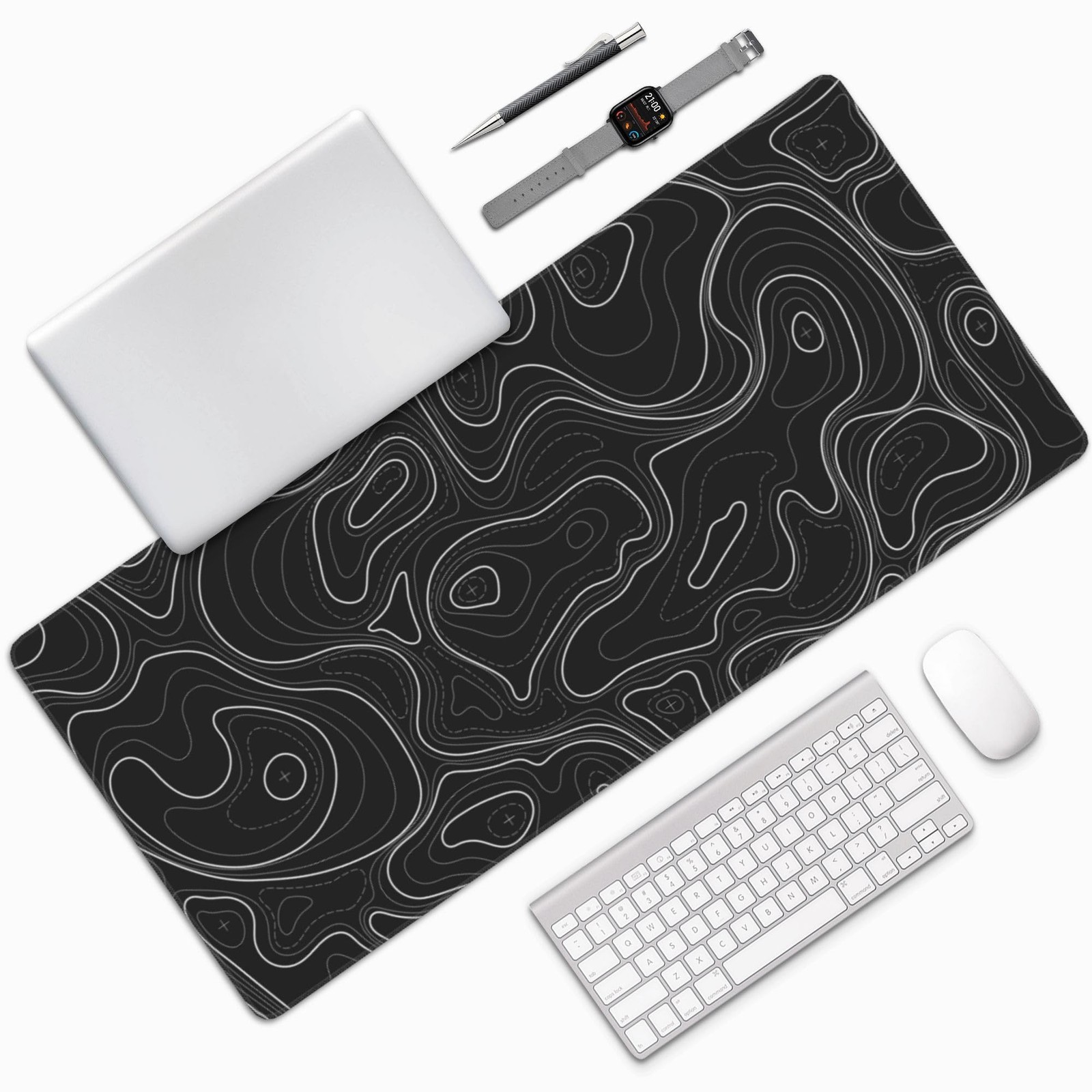 Large Gaming Mouse Pad Black Topographic Contour Mouse Pad with Stitched Edge...