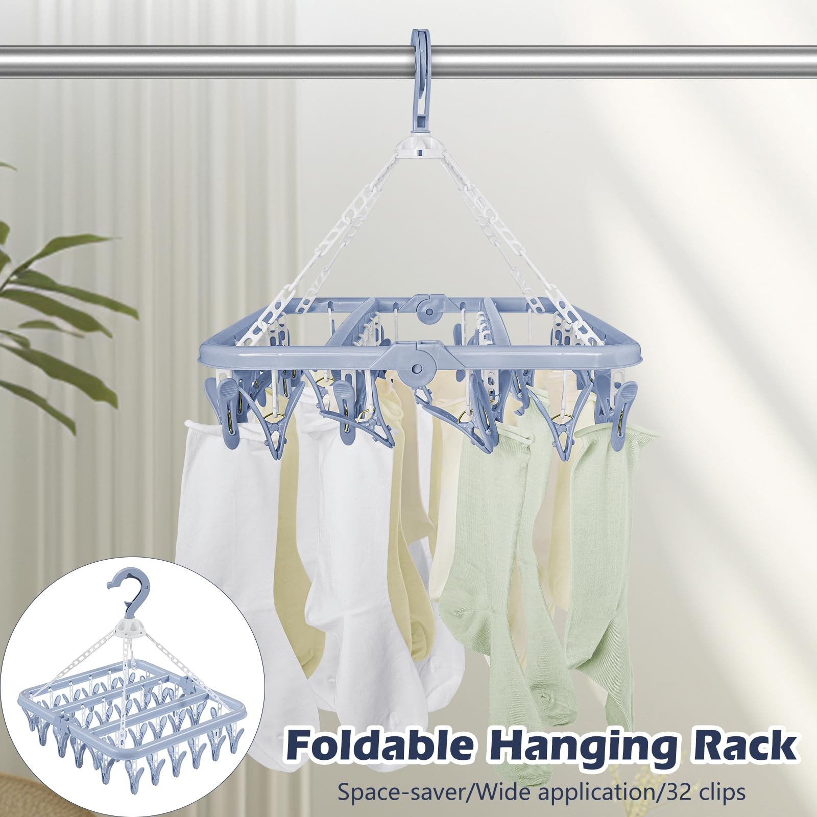 Clothes Drying Rack with 32 Clothespins, Bule Foldable Hanging Drying Racks, ...