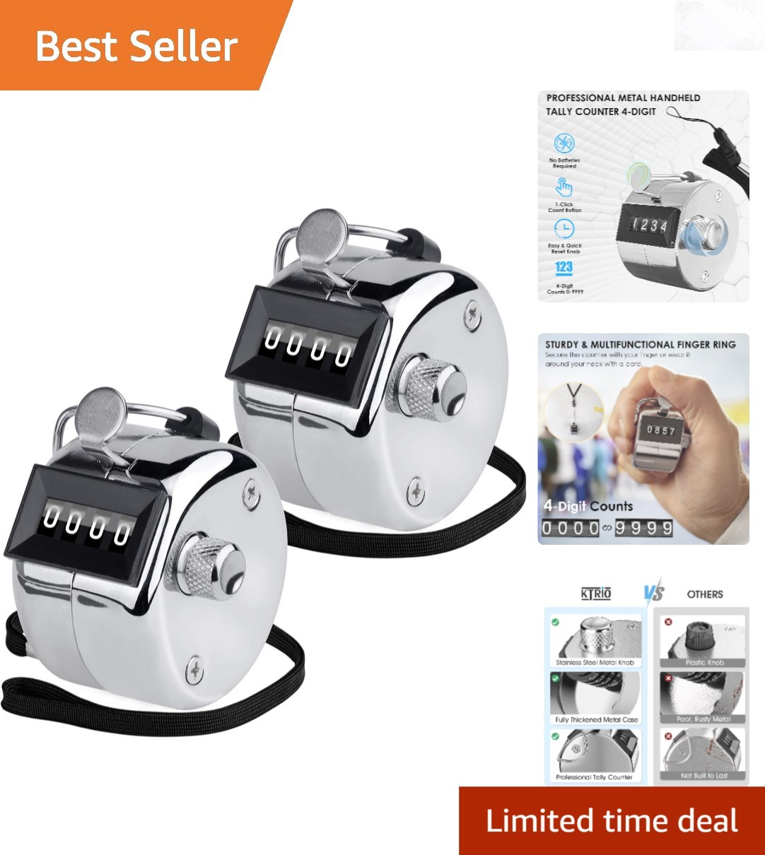 2 Pack Metal Handheld 4-Digit Mechanical Counter for Sports Knitting Coaching