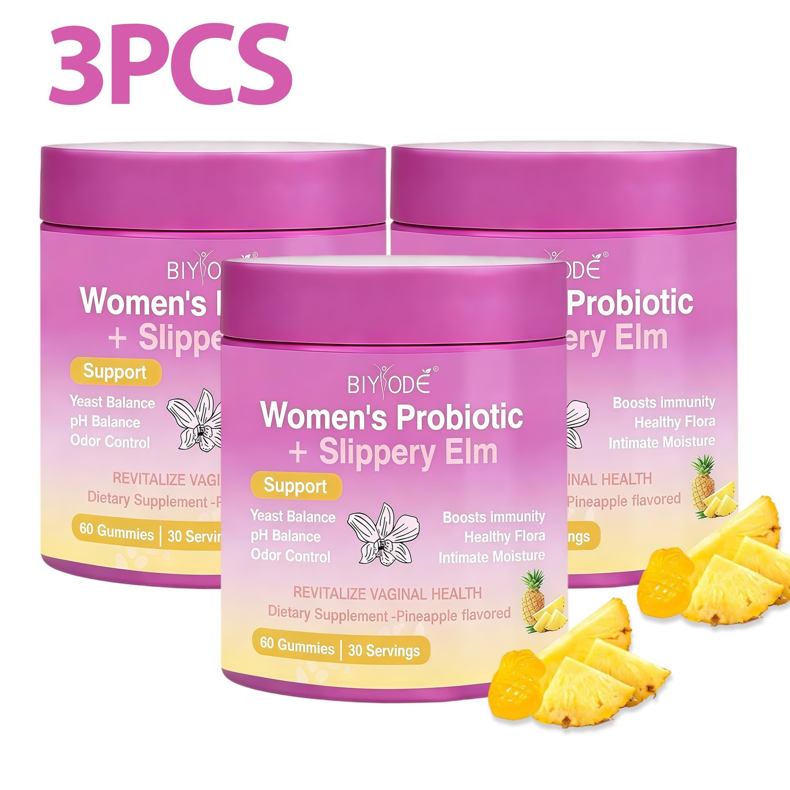 3PCS Feminine Vaginal Probiotic Gummies Slippery Elm pH Balance 60 Count