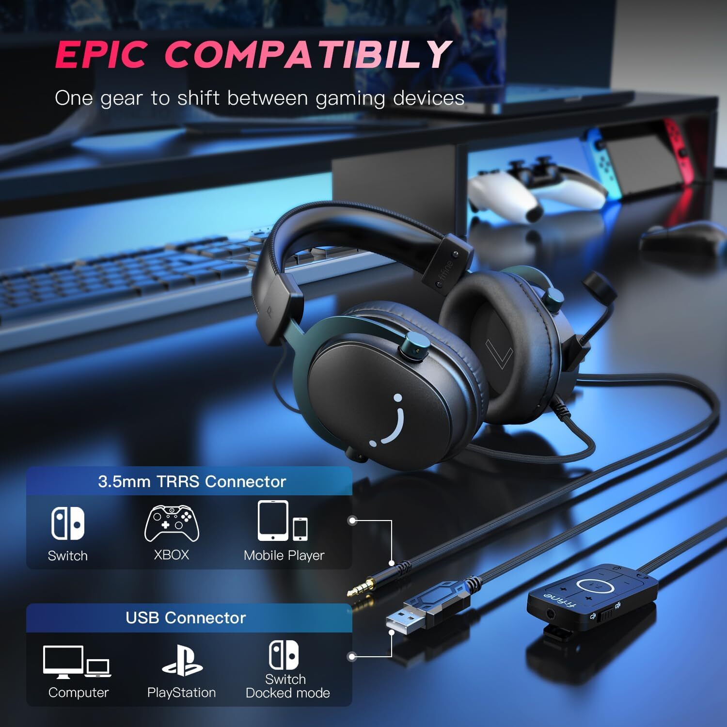 Gaming Headset, USB Headset with 7.1 Surround Sound, Detachable Microphone
