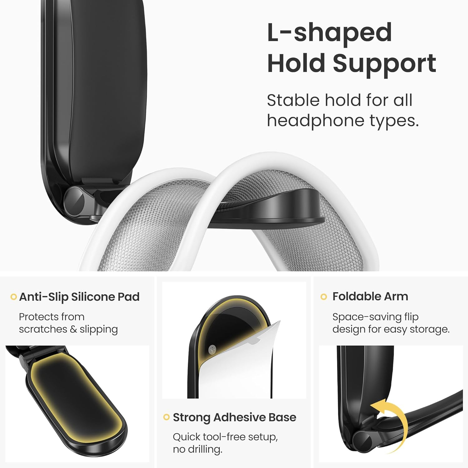 Headphone Hanger under Desk,Adhesive Wall Mount Headset Holder,1 Pack Foldable H