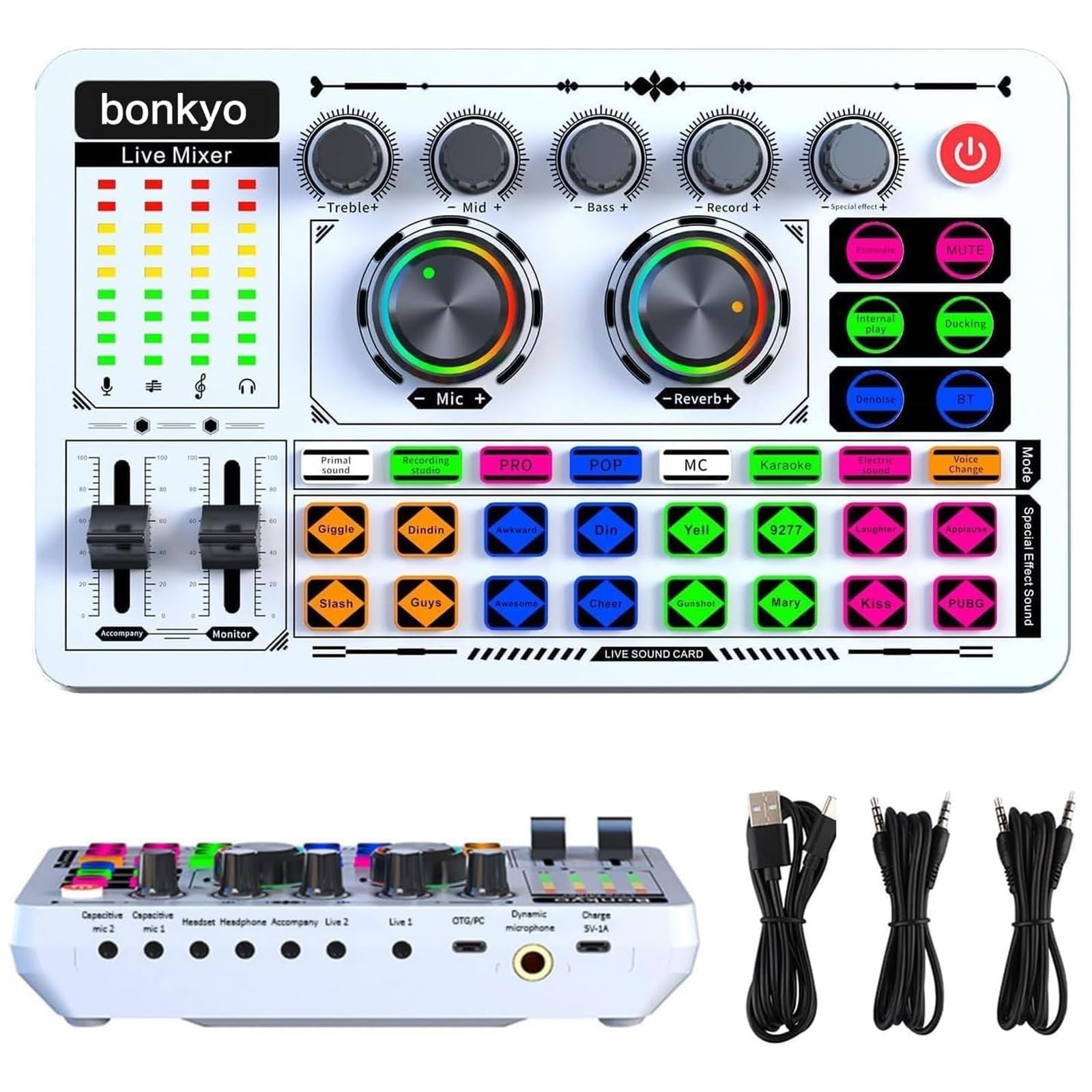 Bonkyo F999 White Live Streaming Sound Card, Professional Audio Mixer,
