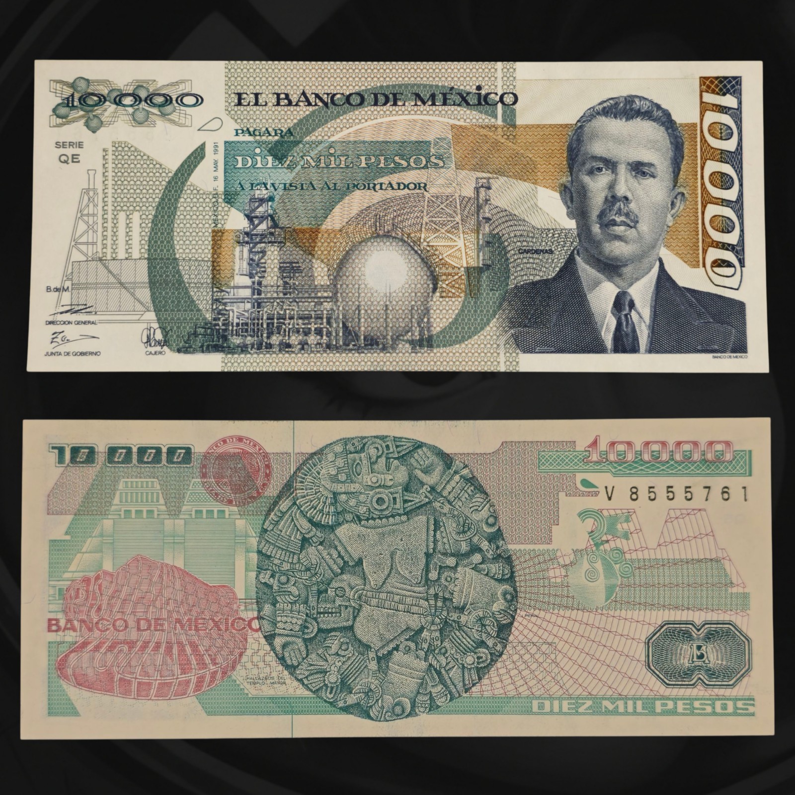 ​🇲🇽 1991 Mexico 10000 Pesos Banknote, Coyolxauhqui, Lázaro Cárdenas del Rio
