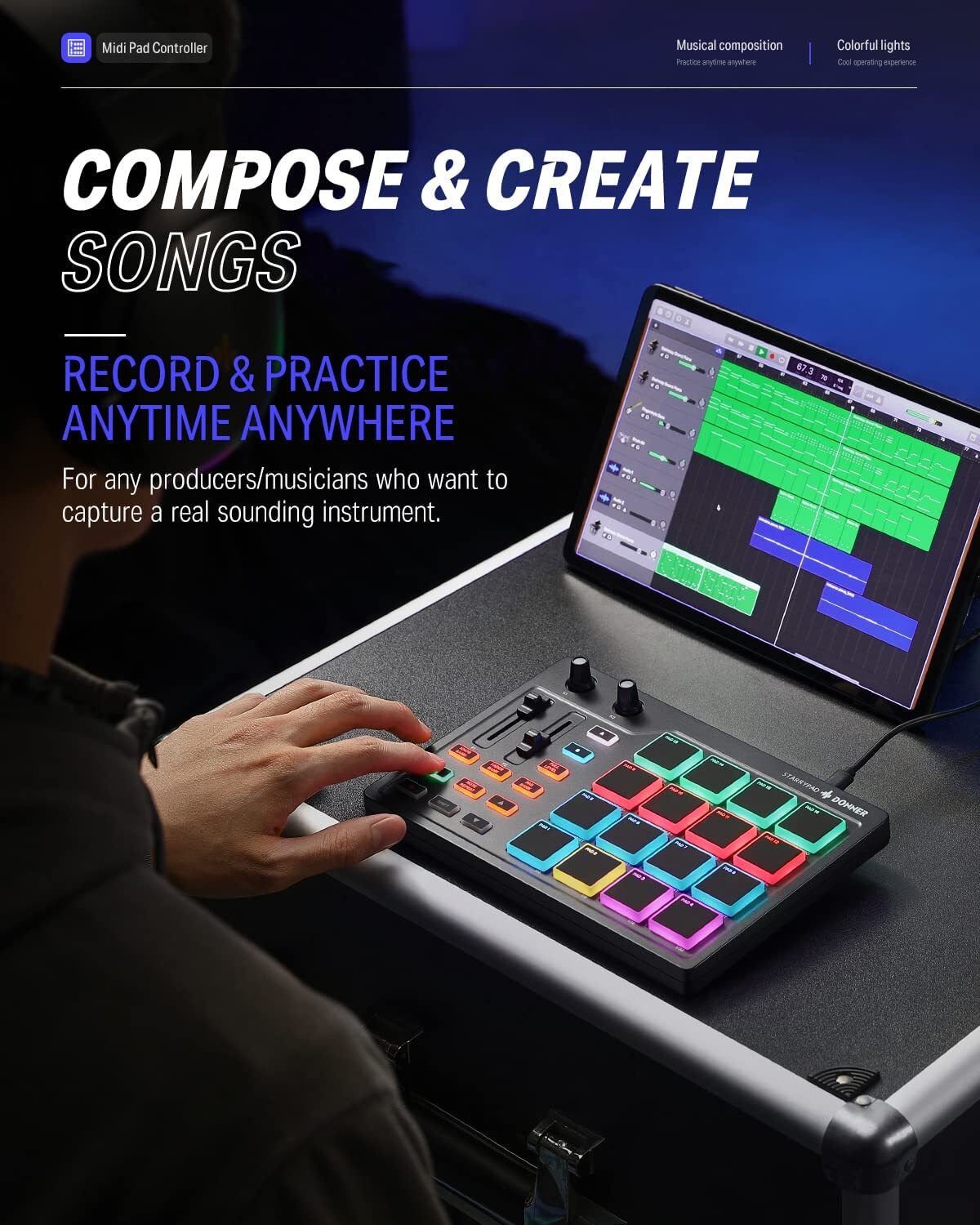 Donner MIDI Pad Beat Maker Machine 16 Beat Pads, 2 Assignable Fader & Knobs