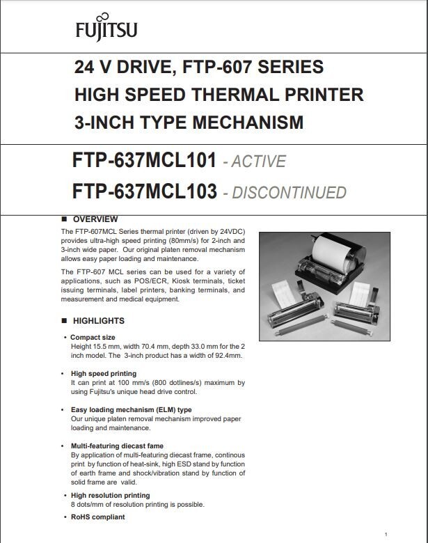 Fujitsu High Speed Thermal Printer Head FTP-637MCL103 BLK1053