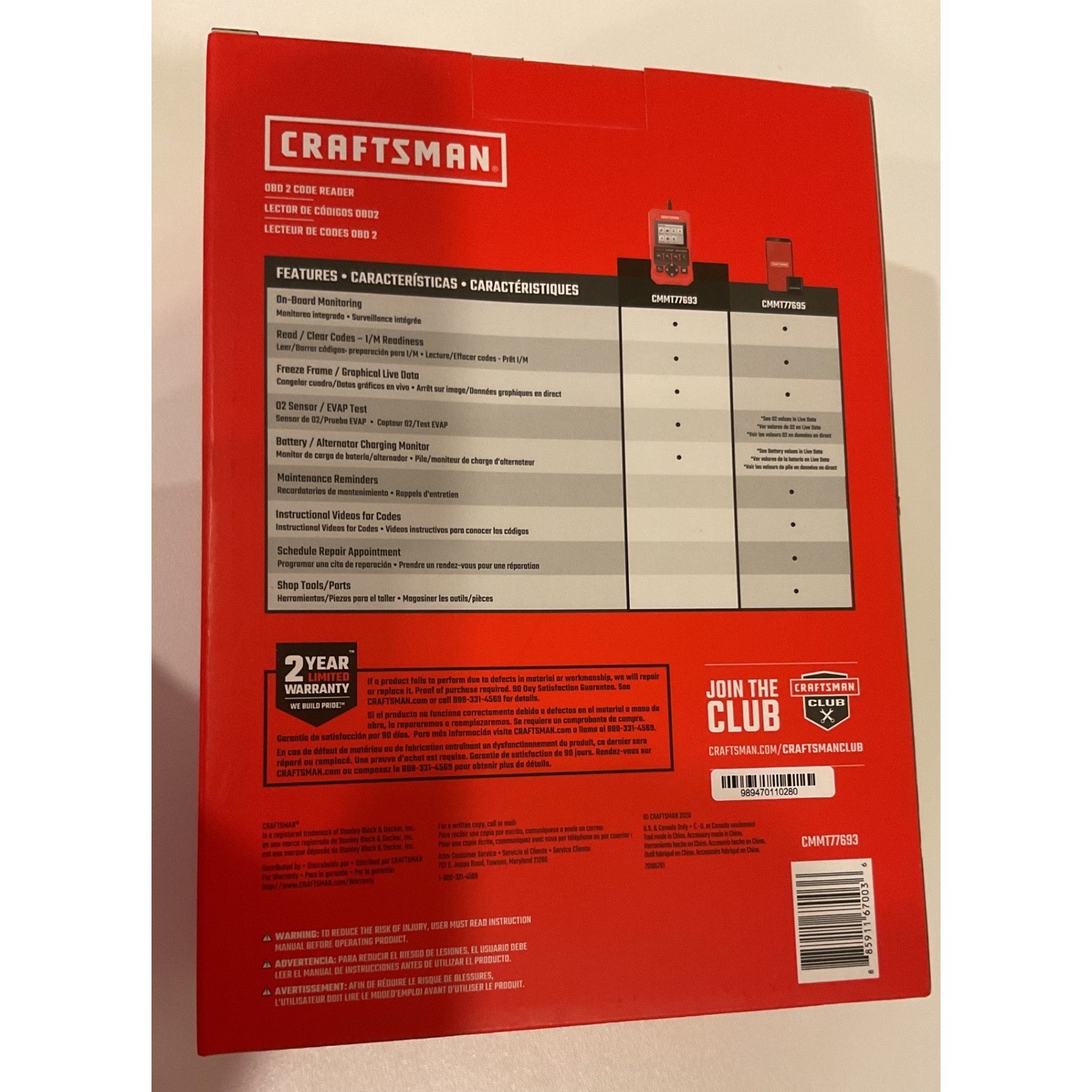 Craftsman CMMT77693 OBD2 Code Reader Car Diagnostic Scanner Tool Live Data Red