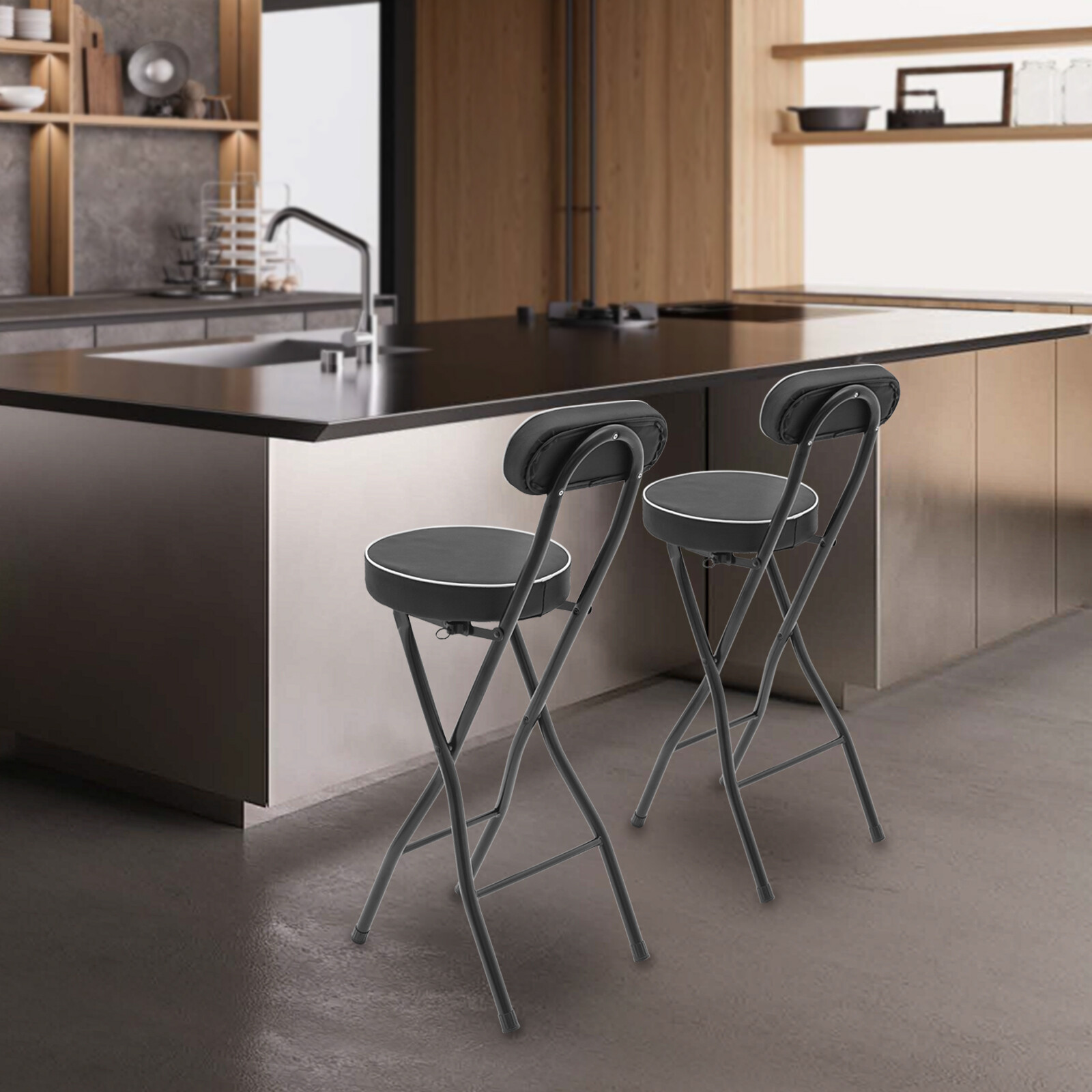 2pcs Black Counter Stool Bar Stool Portable Folding Kitchen Dining Chair