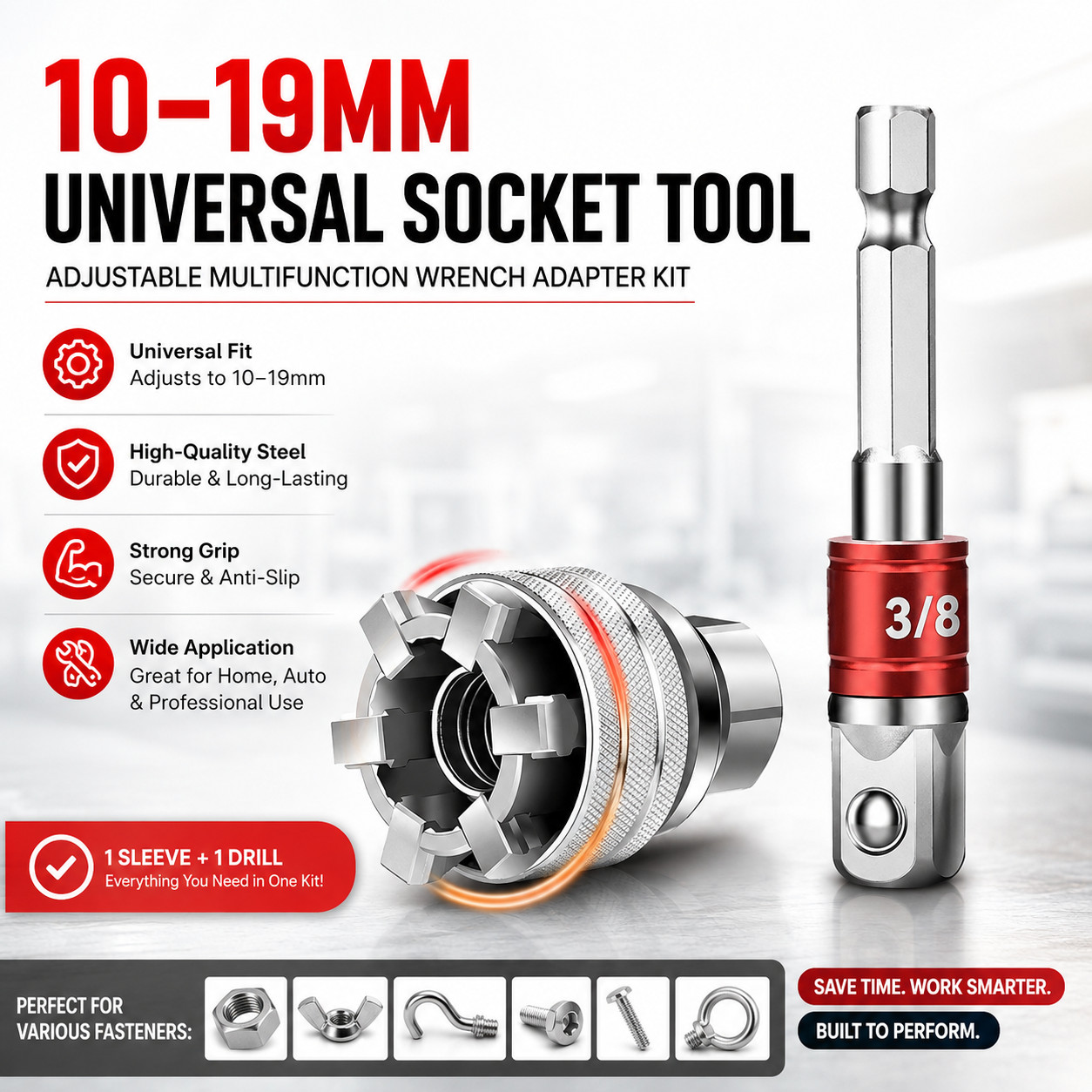 10-19mm Universal Socket Tool Adjustable Multifunction Wrench Sleeve Adapter Kit