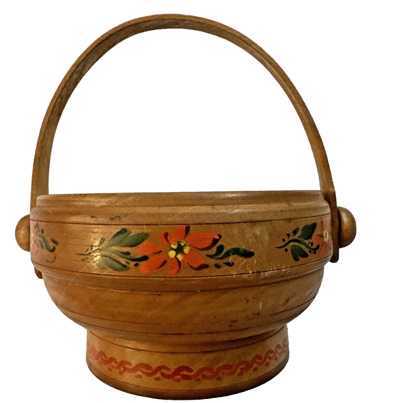 VTG Small Wooden Trinket Basket Hand-painted Swiss Alps Switzerland 3.75" Across