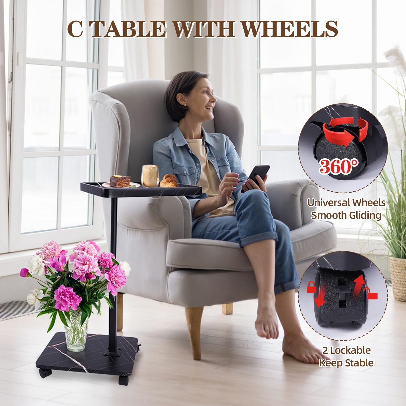 Black C Shaped End Side Table Adjustable Height 360 Swivel TV Tray Table