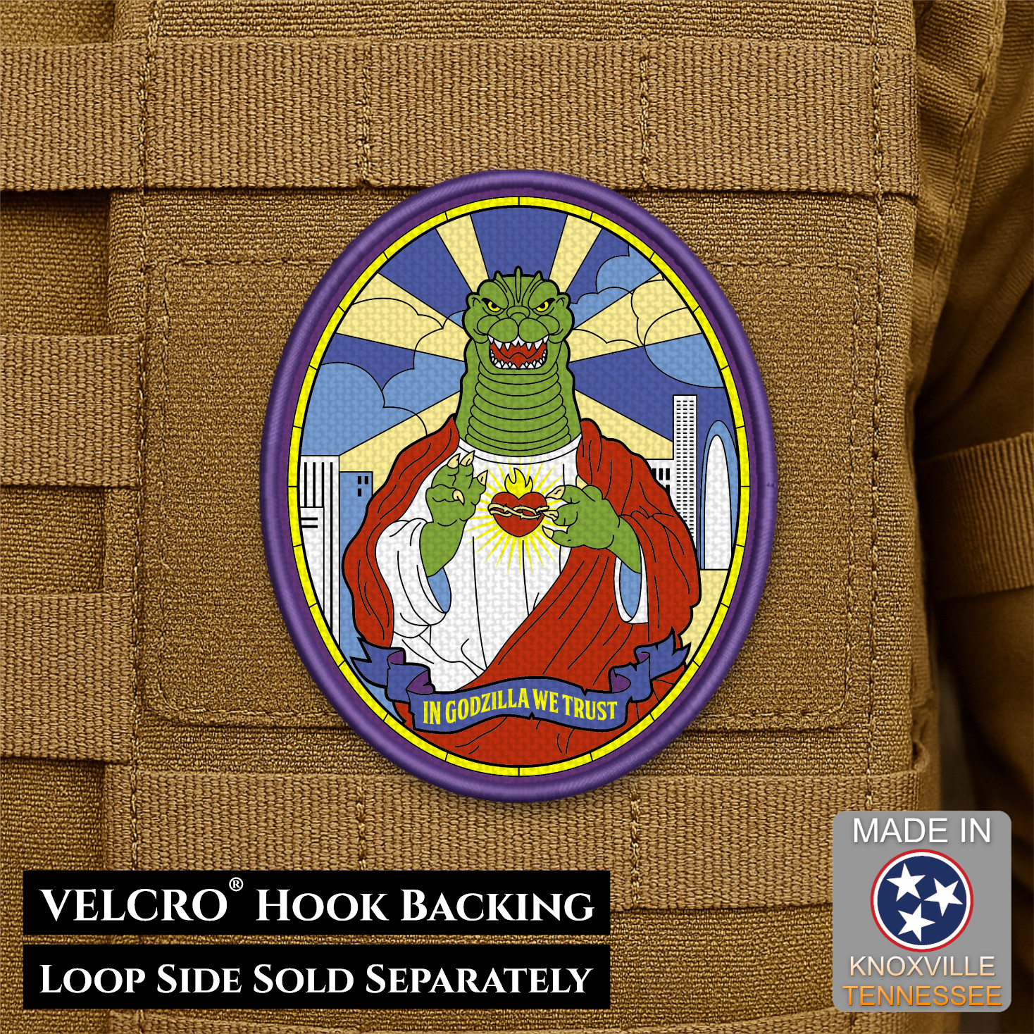 In Godzilla We Trust Funny VELCRO Printed Morale Patch, 2.5x3" | Made in USA