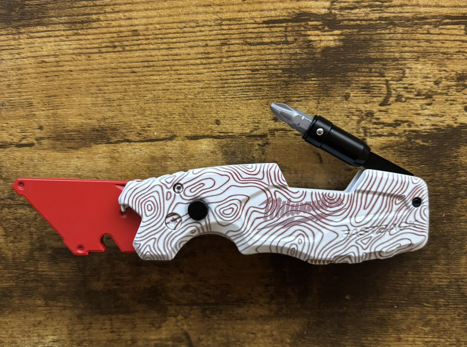 Milwaukee 6in1 Folding Utility Knife Press Custom Fastback White Red topo