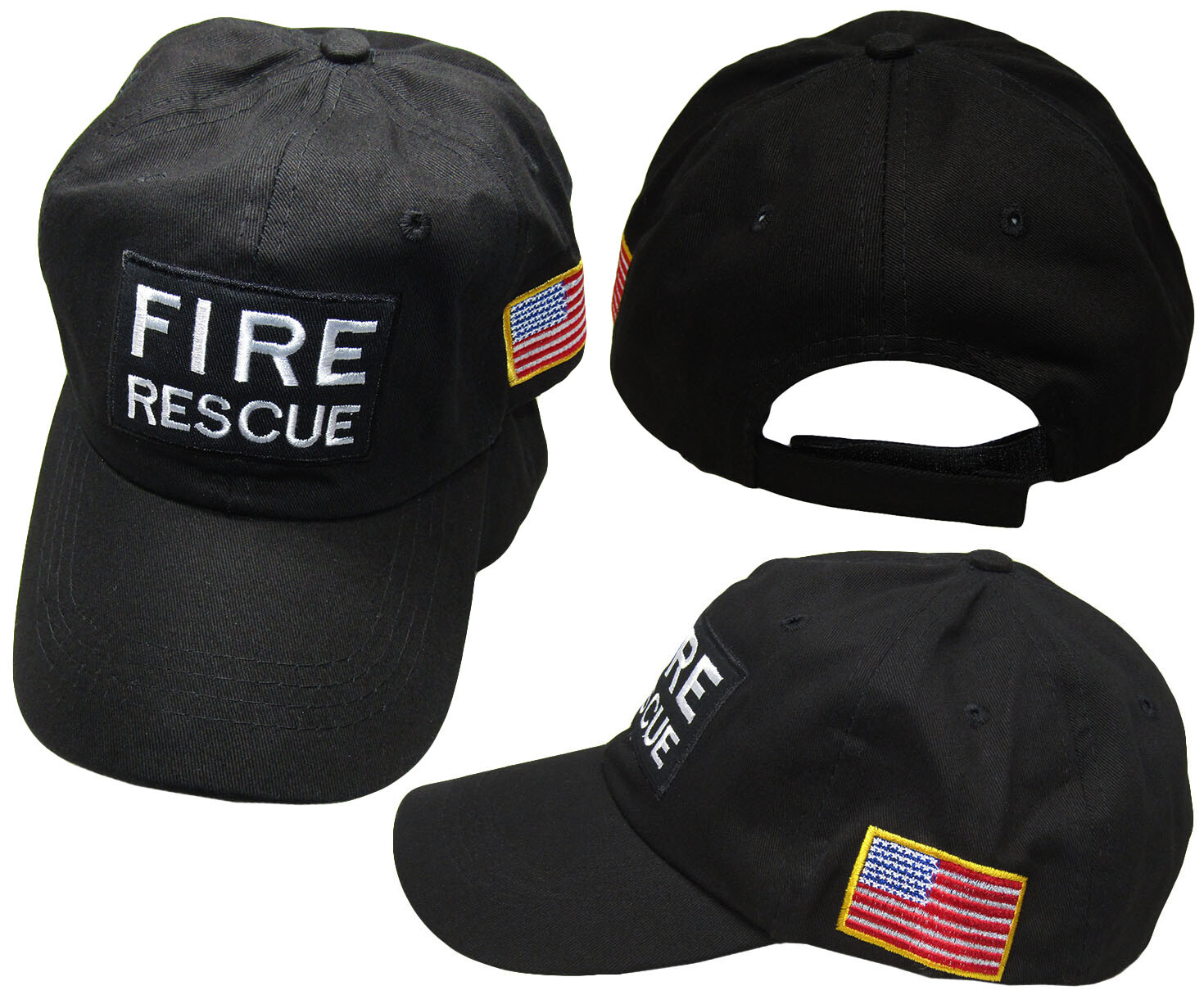 Fire Rescue Black Patch USA Flag On Side Embroidered Baseball Hat Cap (RUF)