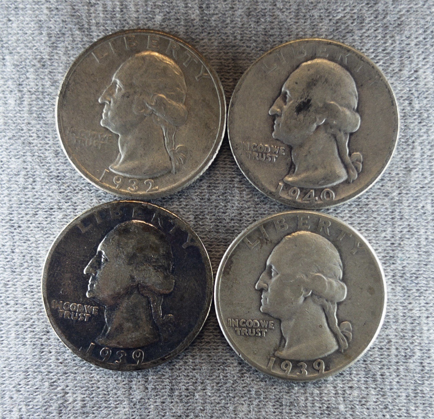 Silver Washington Quarters Qty 4 90% Junk Silver Coins 1932-P, 40-P, 39-P, 39-D