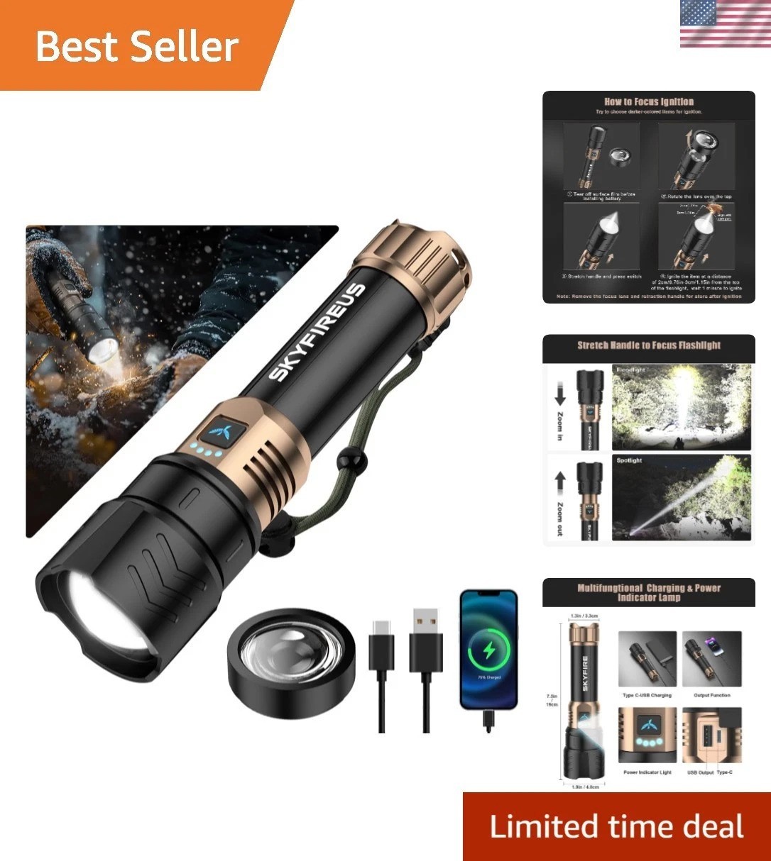 Waterproof Tactical LED Flashlight - 2000lm Brightness & Emergency Fire Starter