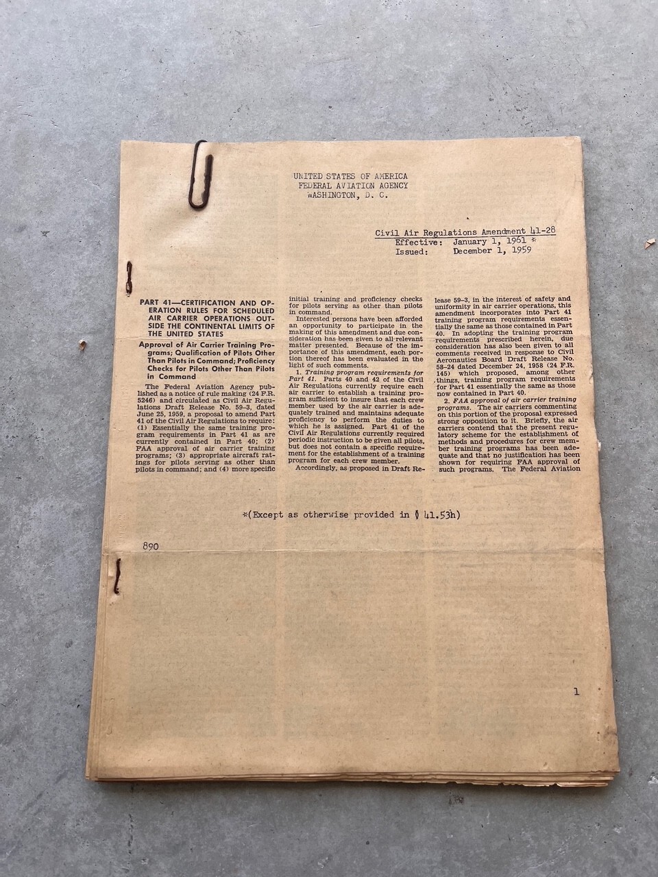 FAA Civil Air Regulations Amendment Document 41-28 January 1961 Vietnam War era