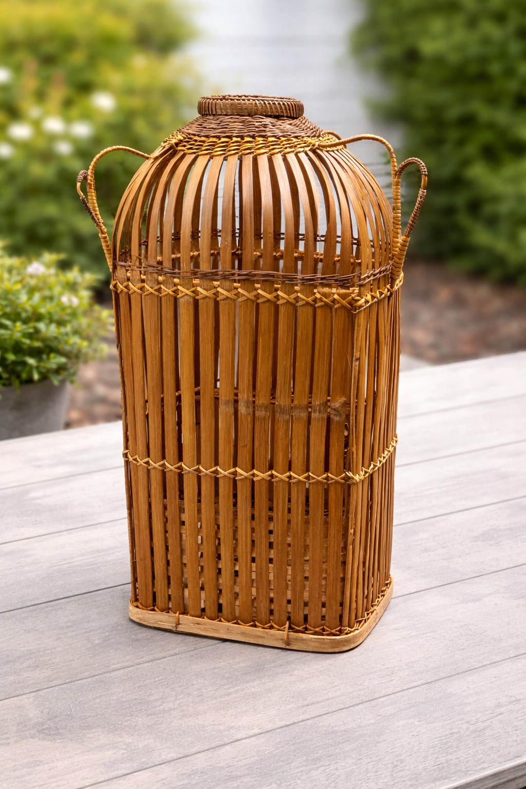Vintage Woven Bamboo Lantern Bird Dovecote Locust Basket 25"H X 11"W