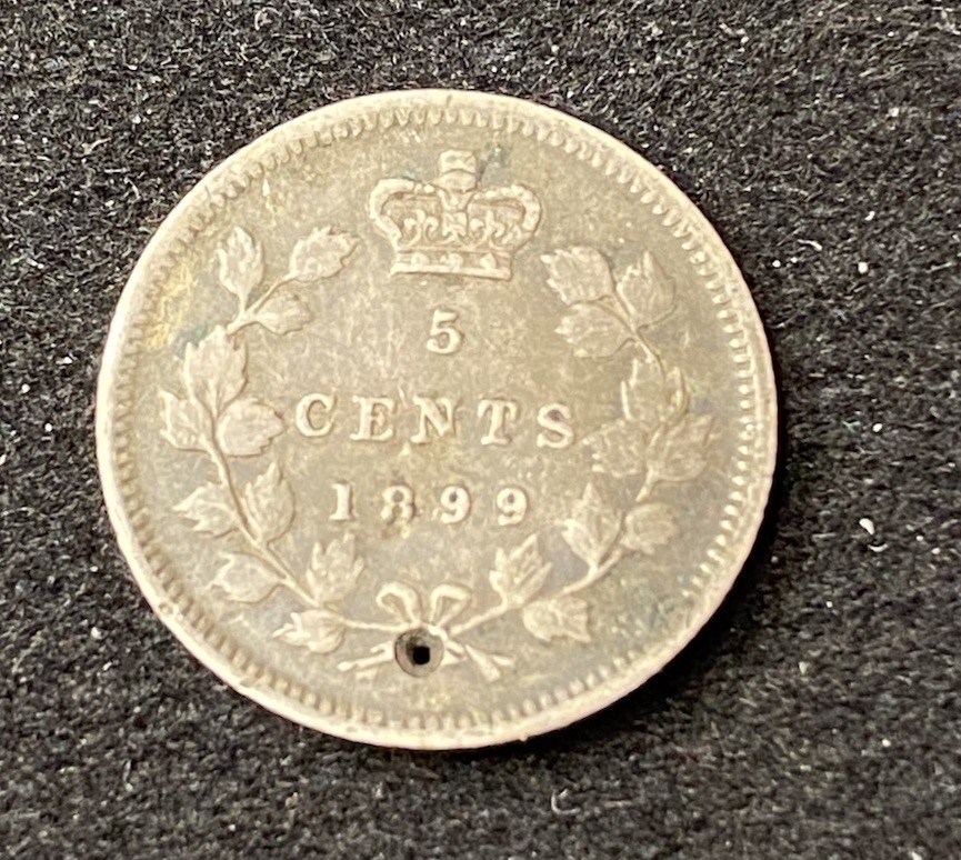1899 Canada 5 Cents 5c 0.9250 Silver ASW 0.0346 Oz Drilled Free Shipping