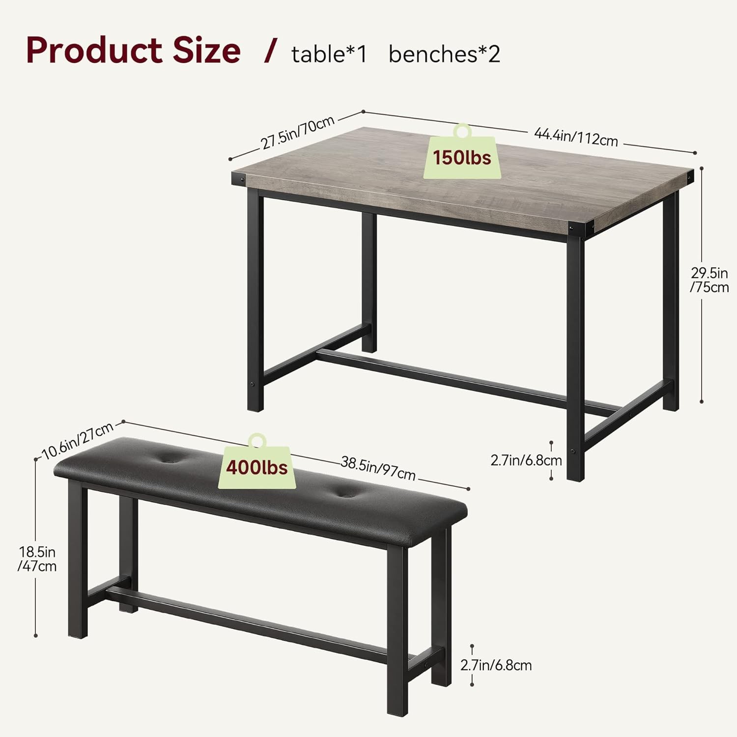 Black Dining Set Kitchen Room Table Set Dining Table and 2 Leather Benches Grey