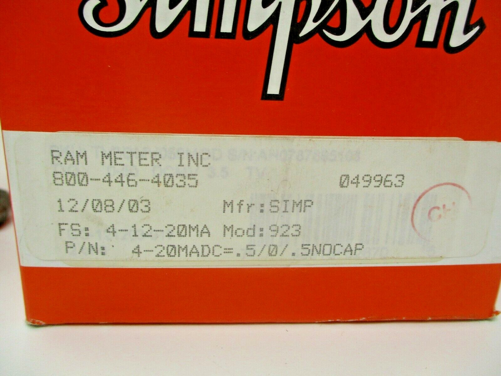 (1) NEW SIMPSON PANEL METER 800-446-4035 MOD; 923