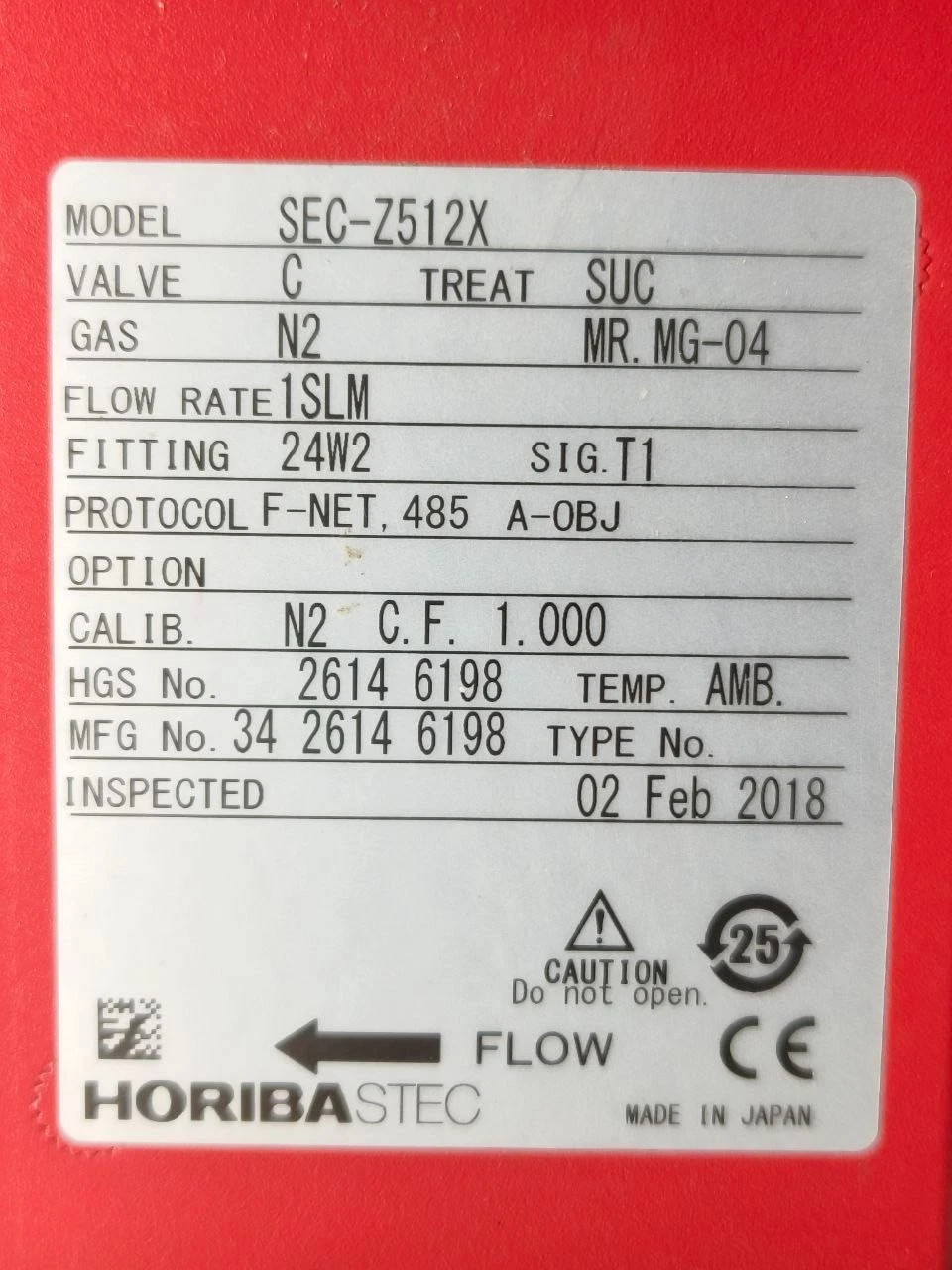 HORIBA STEC SEC-Z512X DIGITAL MASS FLOW CONTROLLER N2 1SLM F-NET RS485 MG-04