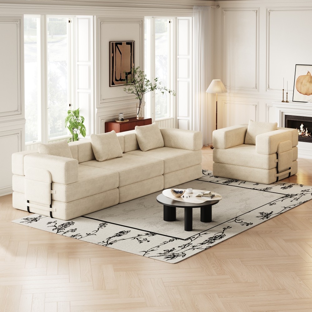 4-Seat Folding Sofa Bed w/ Storage Pockets, Corduroy Fabric, Beige