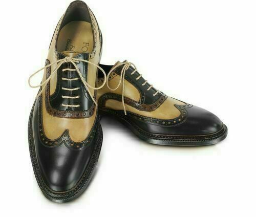 Men Handmade Two Tone Leather Beige & Black Oxford Brogue Formal Wingtip Shoes