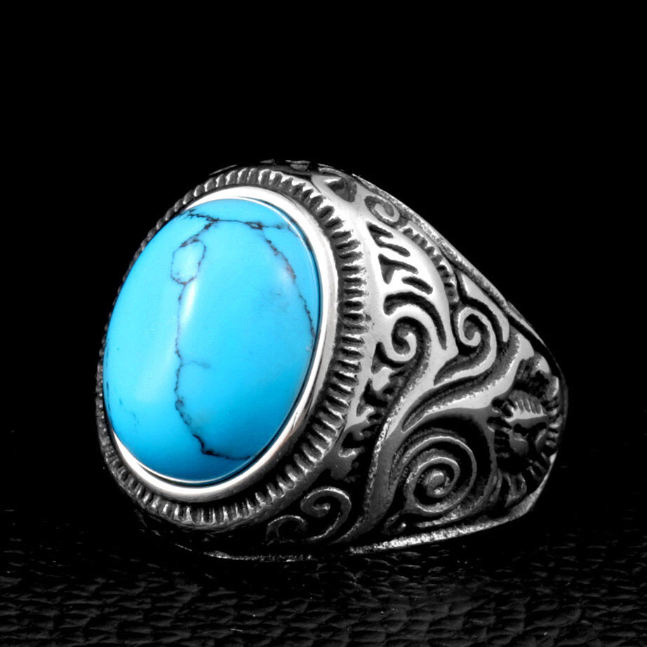 SMITH Men's Stainless Steel Turquoise Ring For Men Size 7 8 9 10 11 12 13 14 15