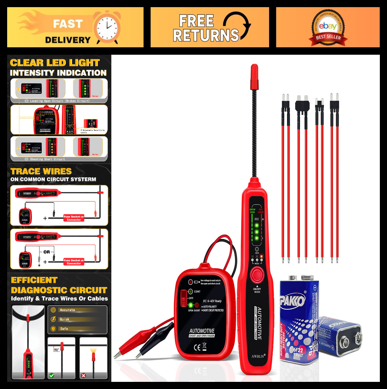 Automotive Wire Tracer Circuit Tester - Open/Short Finder, Fault Probe, 6-42V Ca