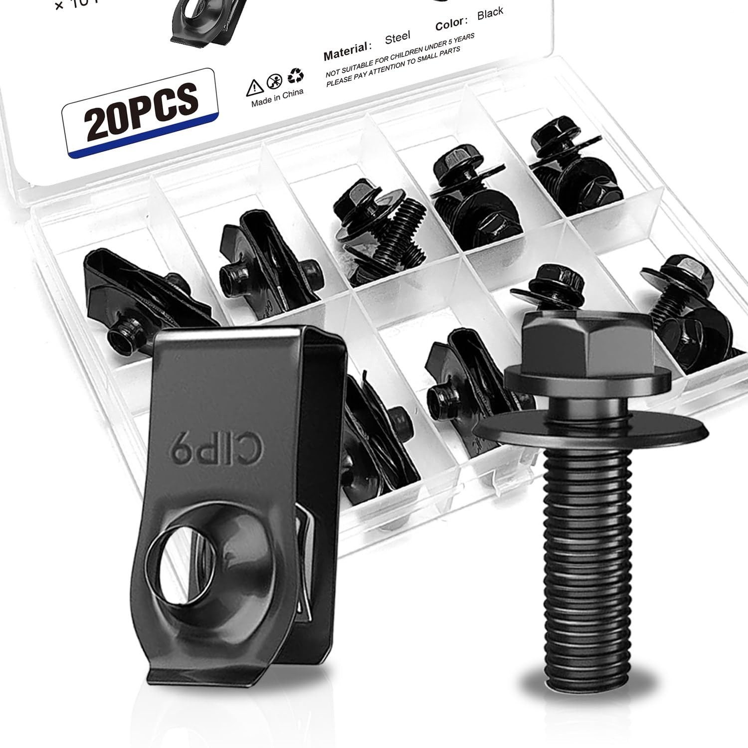 20 PCS Automotive Body Bolts and U-nut Clamp Kit Bumper Fender Liner Pull Metal