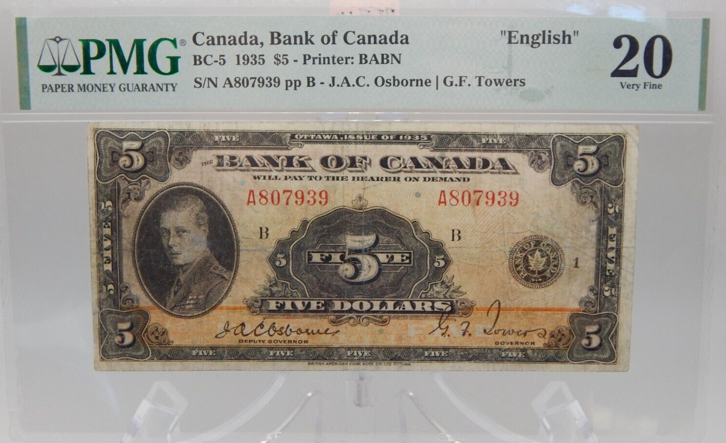 1935 PRINCE OF WHALES BC-5 ENGLISH NOTE $5 PMG GRADED 20 VF (BT714)