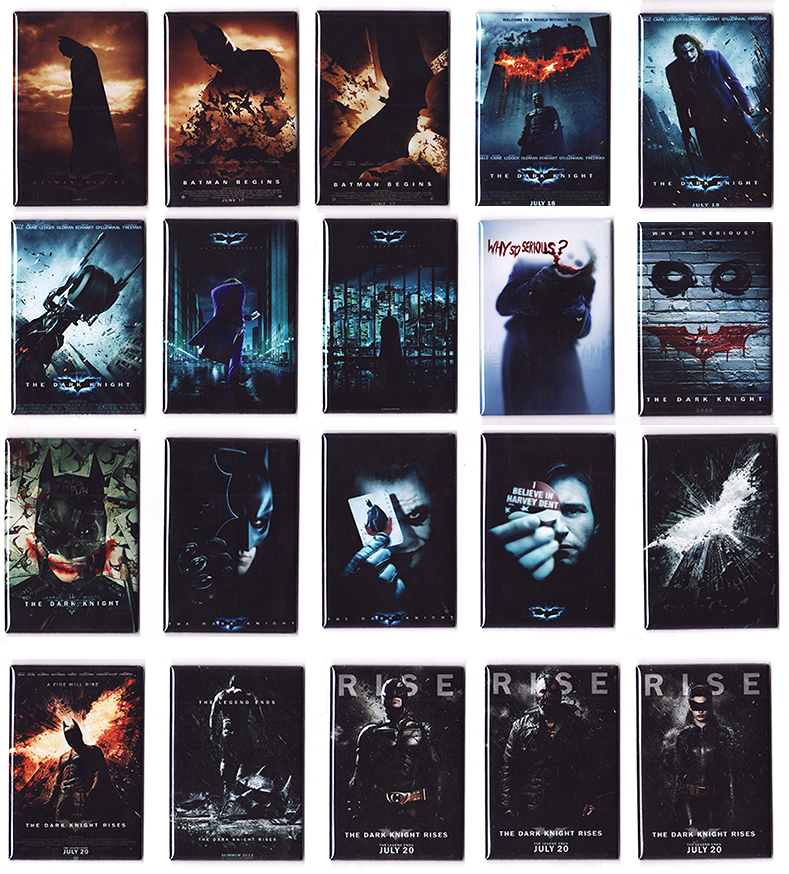 BATMAN / THE DARK KNIGHT TRILOGY MOVIE POSTER MAGNETS (begins rises joker print)