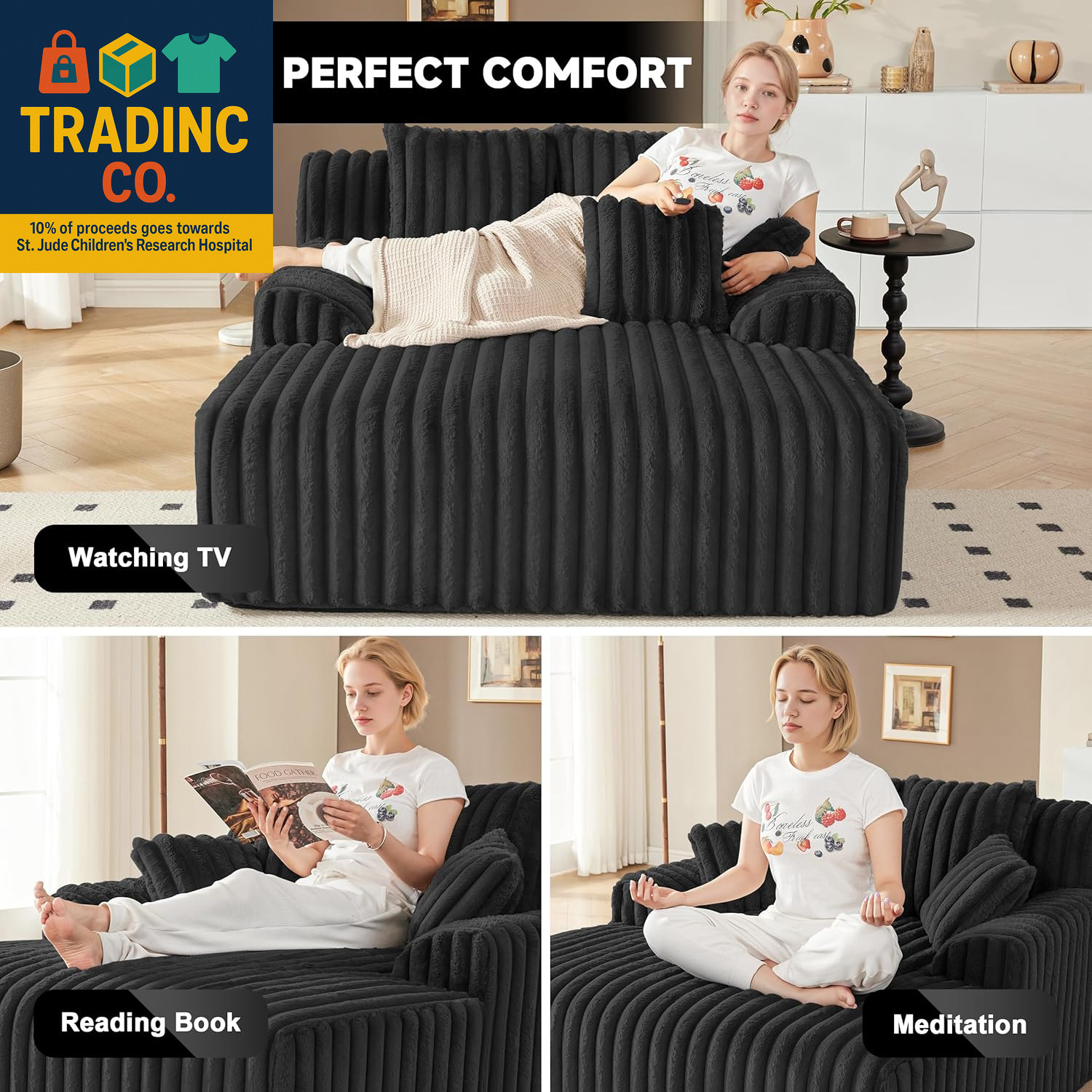53.5”W Oversized Chaise Lounge Chair Indoor, Boneless Couch with 4 Pillows, Cozy
