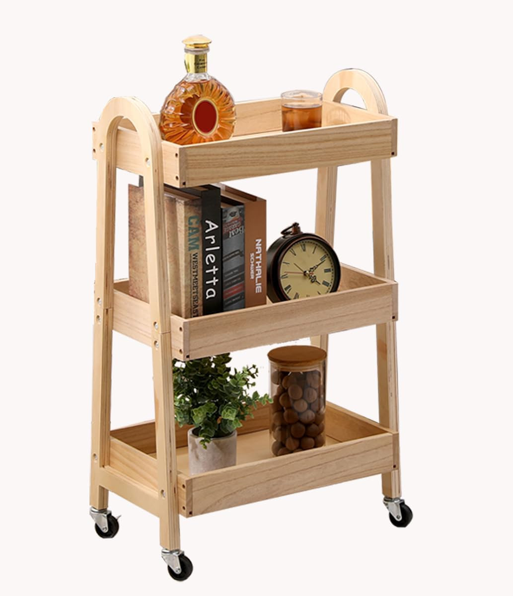 3-Tier Wooden Rolling Cart- Wooden Utility Cart Wit Wheels- Utility Rolling Cart