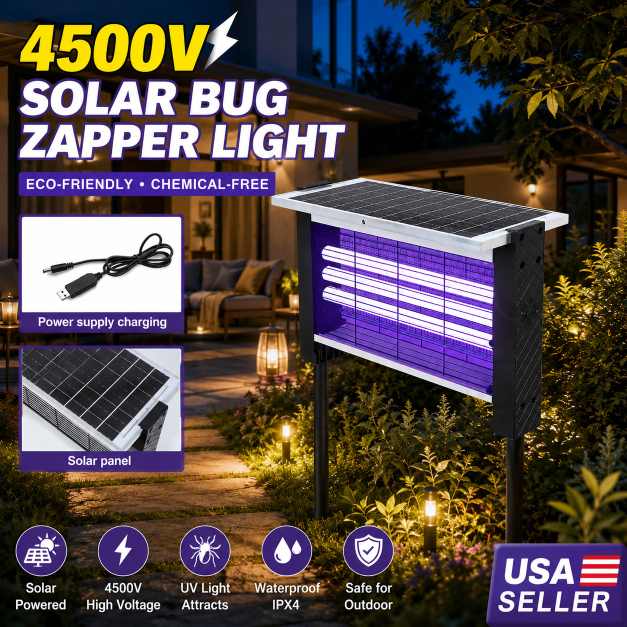 Solar Bug Zapper Outdoor Mosquito Zapper Waterproof Rechargeable Fly Trap 4500V