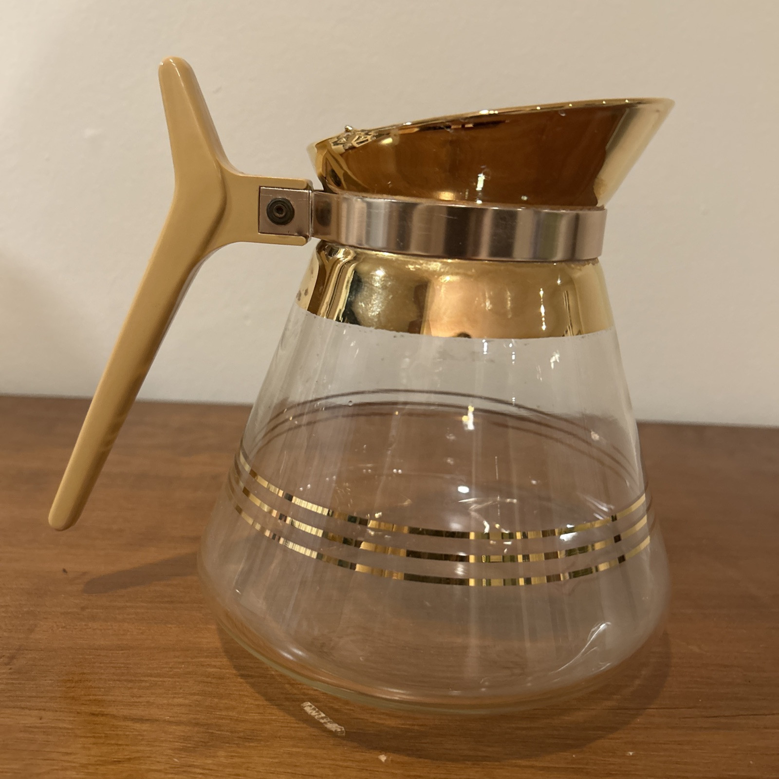 1950s Inland Glass MCM Coffee Pot Carafe Warmer Pitcher Gold Rim & Detail