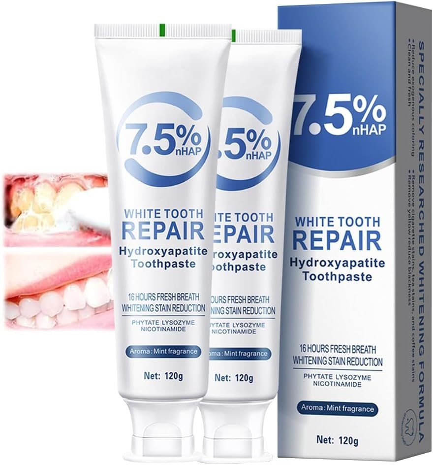 2 Pasta dental con 7.5% Nano Hidroxiapatita, sin flúor, 4oz, blanqueadora