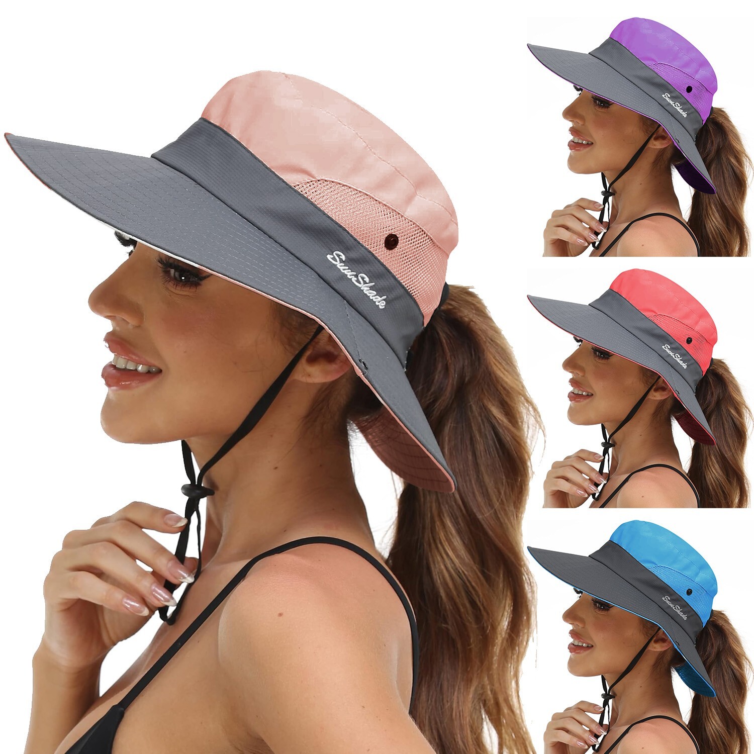 Women's Summer Sun Hat - Wide Brim Bucket Hat with Ponytail Hole & UV Protection