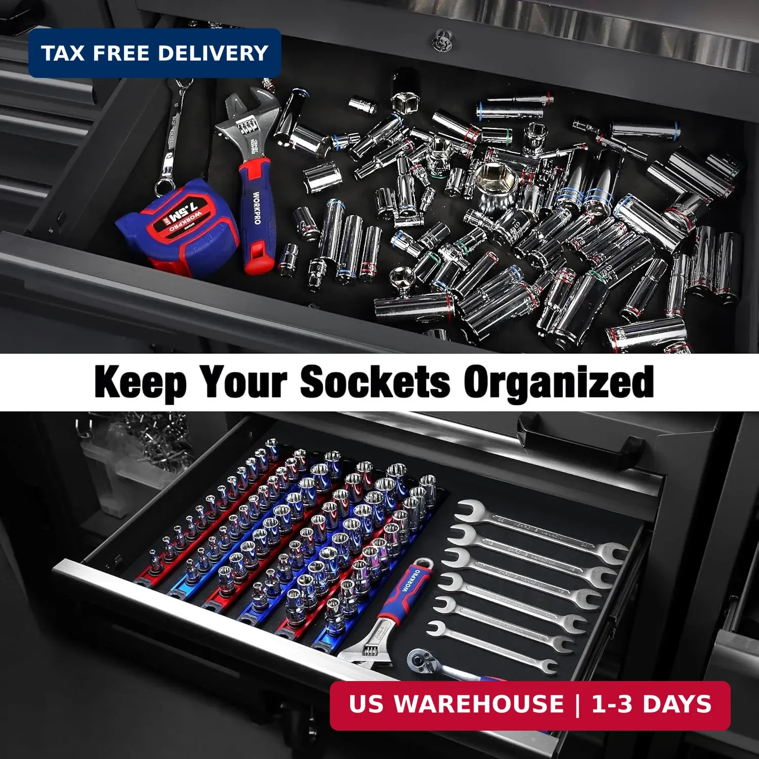 WORKPRO Magnetic Socket Organizer, Heavy Duty 3/8-Inch Drive Socket Rail | 1 Pie