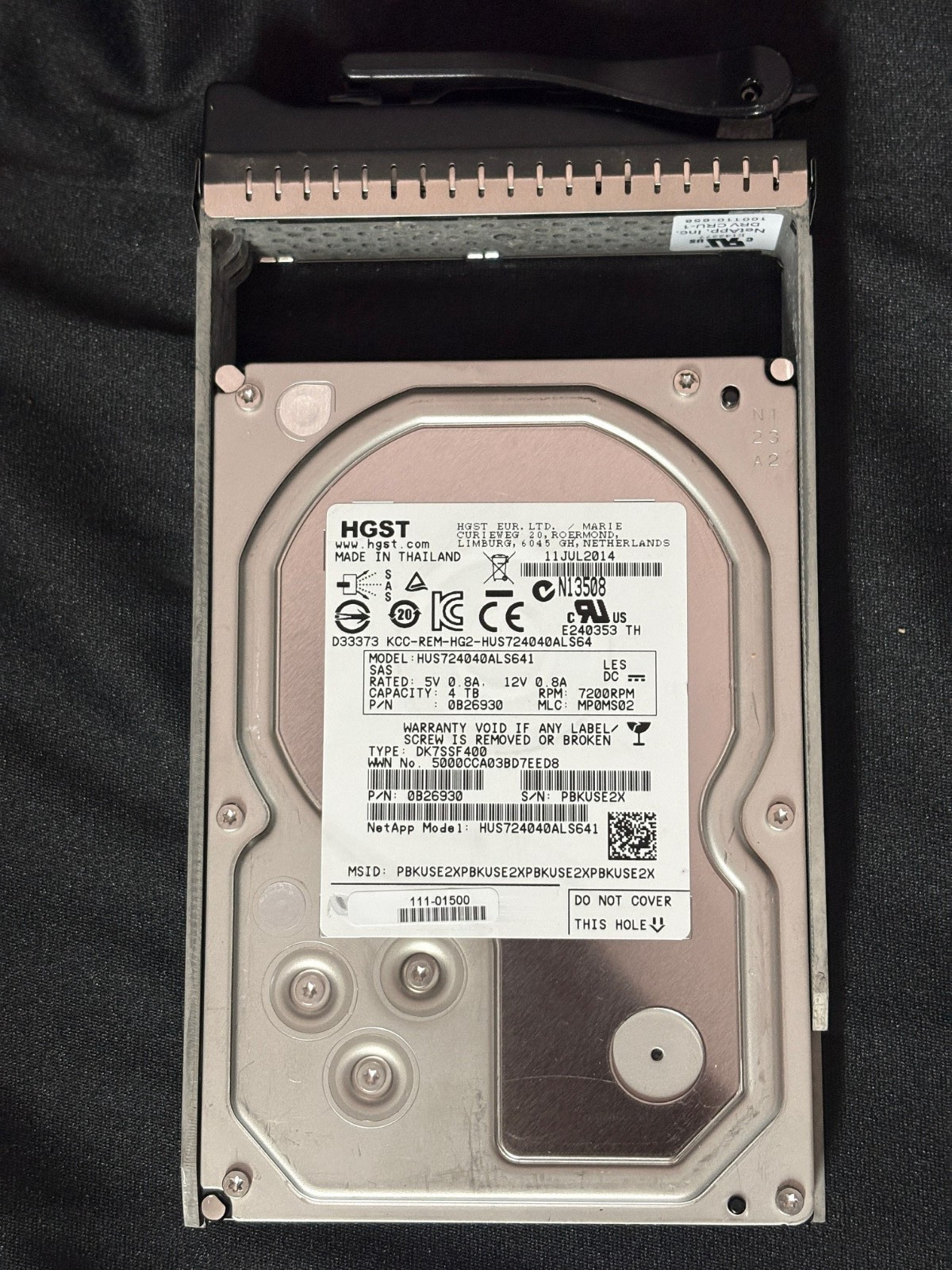 NetApp 111-01500  4TB SAS FDE/DA Disk Drive - 6Gbps - HUS724040ALS641 - 0B26930