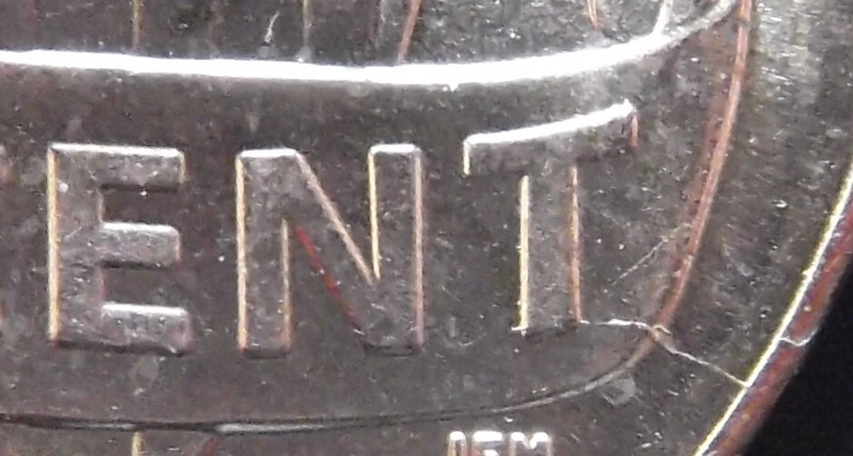UNC 2021 cent; constant variety: 4 mm die crack on reverse; N of CENT to rim [C5