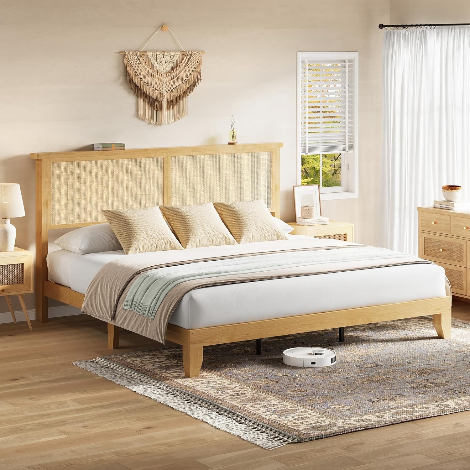 King Size Rattan Bed Frame,with LED Light & Natural Headboard,Easy Assembly NEW