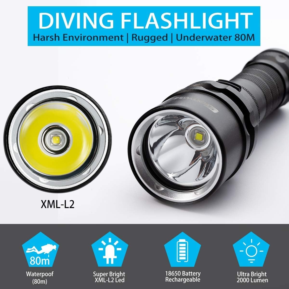 Dive Light with Charger - 2000 Lumen Underwater Flashlight