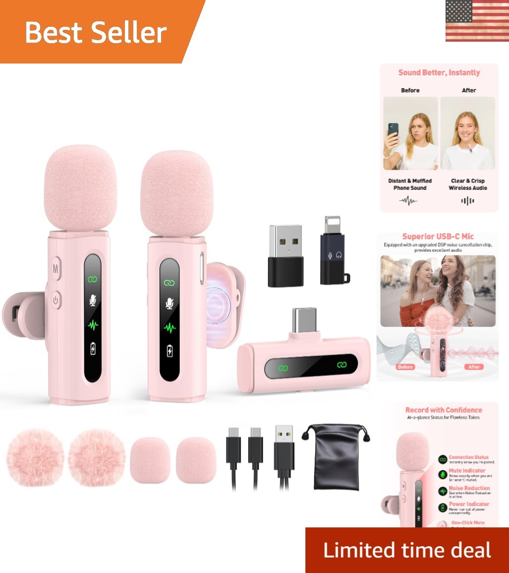 Plug-and-Play Pink USB C Wireless Lavalier Mic - Ideal for Vlogging & Streaming