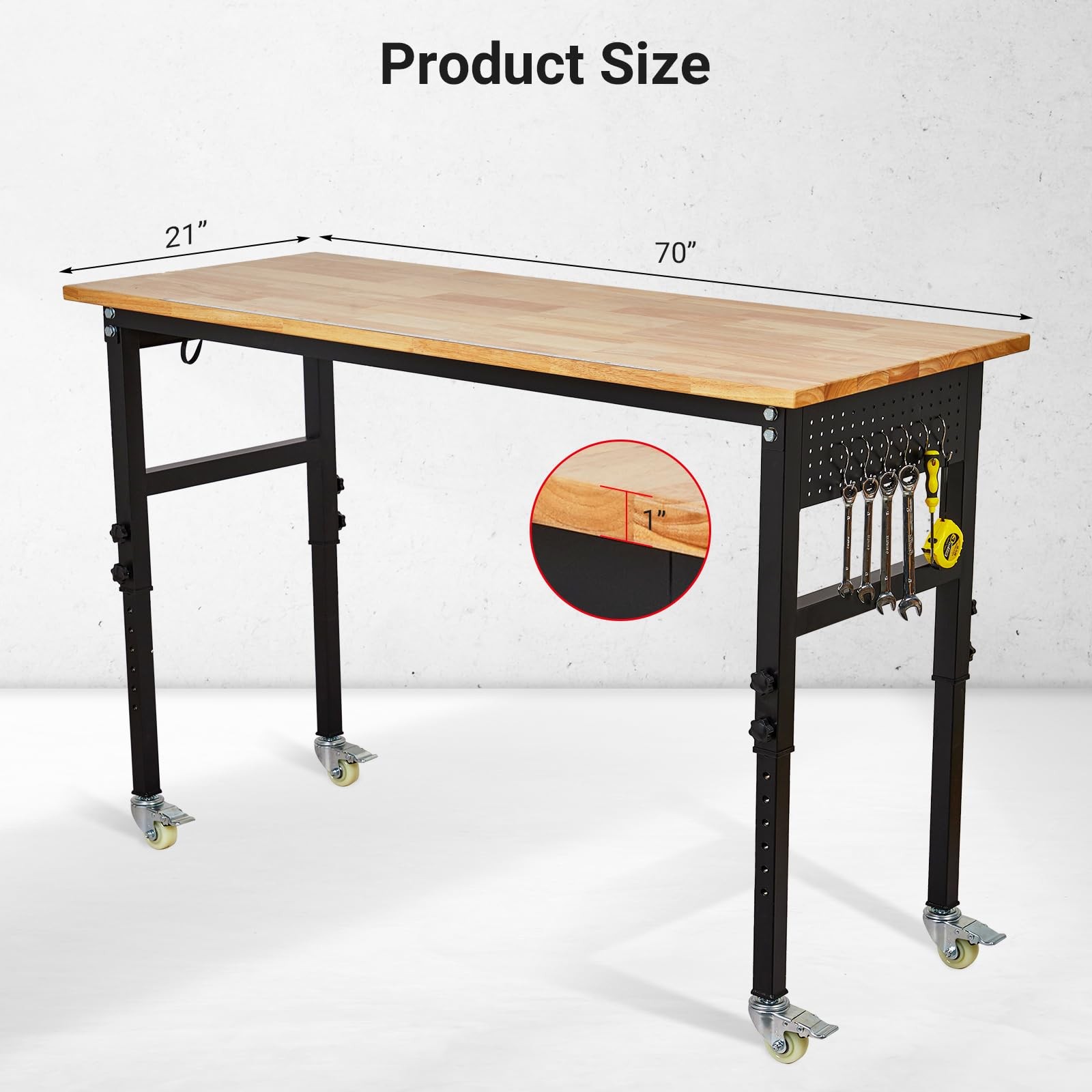 70" Adjustable Height Workbench&Wheels,2000 lb Rubber Wood Top,Power Outlets