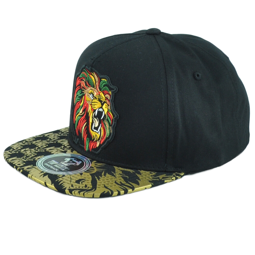 Top Level King Lion Flat Bill Black Gold Structured Adults Men Snapback Hat Cap