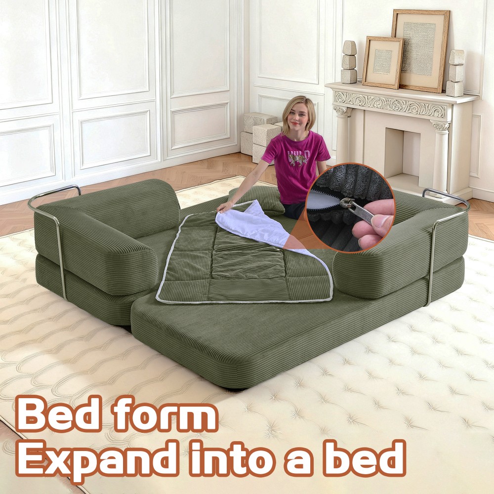 Convertible Floor Sofa Bed w/ Blanket Pillow, Modern Corduroy, Antique Green