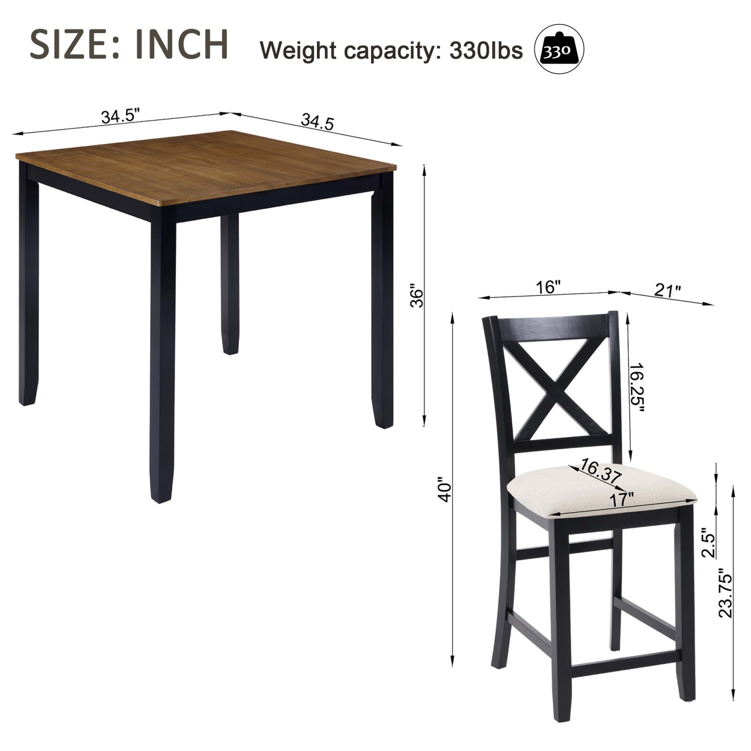 5-Piece Square Dining Table Set with Wood Kitchen Table and 4 Upholstered Chairs